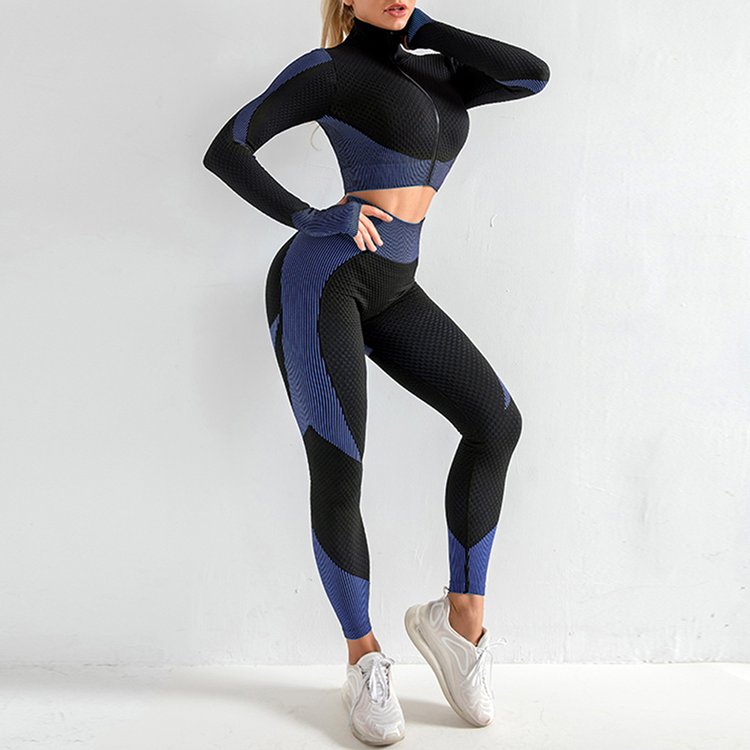 Dark Blue/peach Stand-Up Collar Top High Rise Leggings Young Style Suitable Fitness Yoga